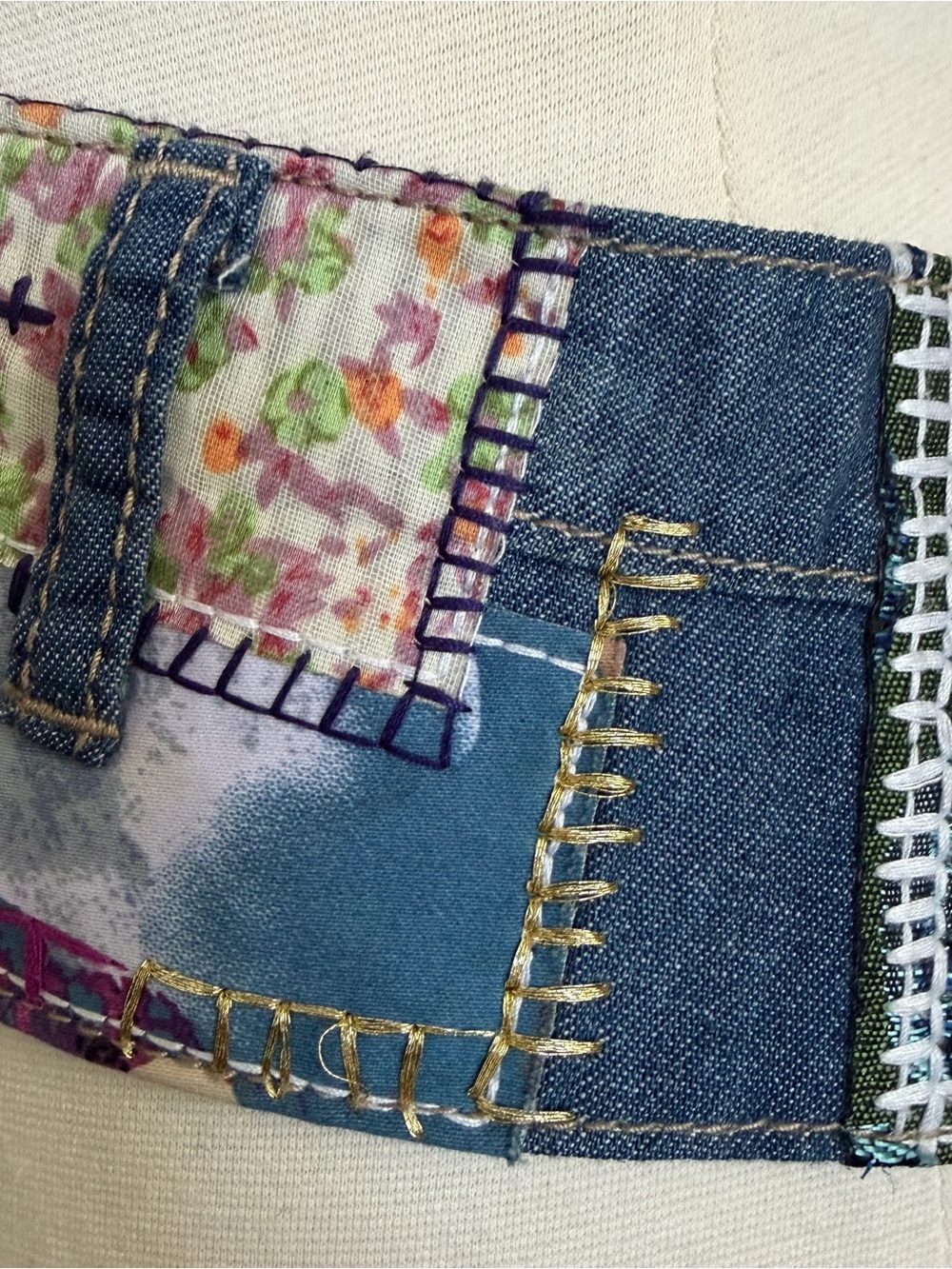 Handmade Boho Patchwork Denim Belt Art Ribbon Lace Up Festival OOAK - Picture 8 of 15